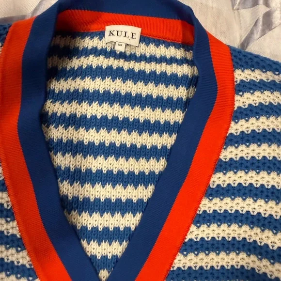 KULE Breton Stripe Cardigan – Blue Cream Nautical Sweater – Size S